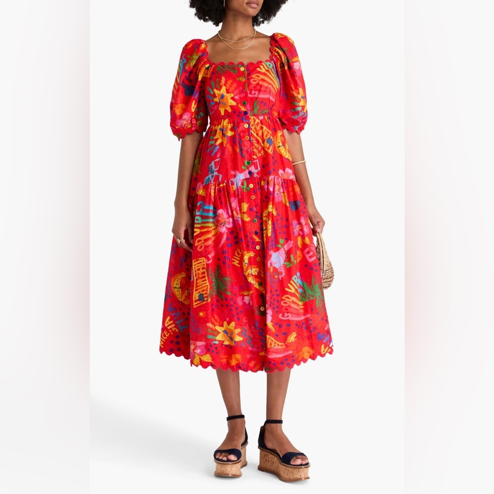 NWT FARM Rio Good‎ Vibes Midi Red Rainbow Swiss Dress Tropical Beach Women’s S